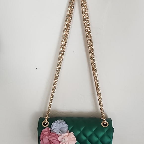 Green Quilted Bag with Floral Accents & Goldtone Hardware - Picture 5 of 5